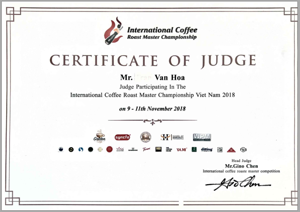 Chứng nhận giám khảo International Coffee Roast Master Championship Vietnam 2018