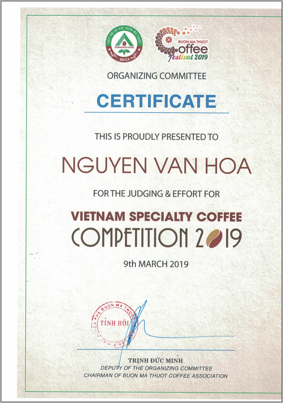 Chứng nhận giám khảo Vietnam Specialty Coffee Competition 2019