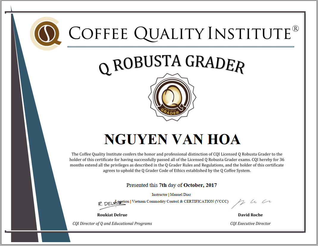 Chứng chỉ Q Robusta Grader CQI 2017 của Nguyễn Văn Hòa