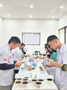 Đội kỹ thuật Fair Farm thực hành đánh giá chất lượng cà phê