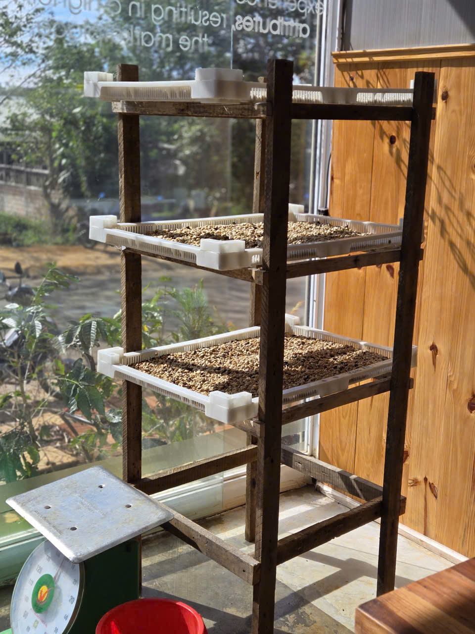 Giàn phơi gỗ nhiều tầng tự đóng đặt cạnh cửa kính để phơi các mẻ nhỏ trong không gian hẹp