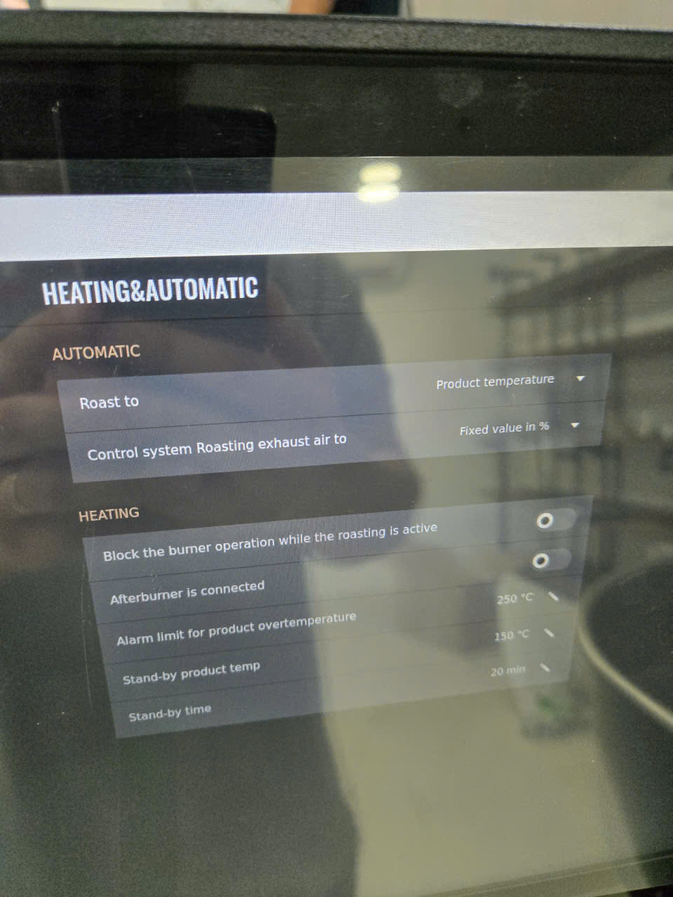 Trang Heating & Automatic trên màn hình máy rang Probat 5kg: roast to product temperature, control exhaust air, afterburner