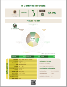 Chứng nhận Q Certified Robusta (CQI) của Ms. Dươm, Đắk Nông, do Stone Village Lab ICP Vietnam chấm