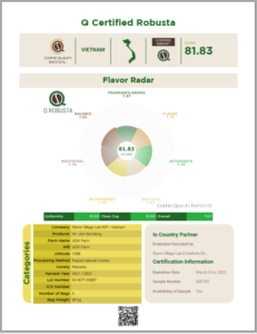 Chứng nhận Q Certified Robusta (CQI) của UCK Farm, Lâm Đồng, 81.83 điểm, do Stone Village Lab ICP Vietnam chấm