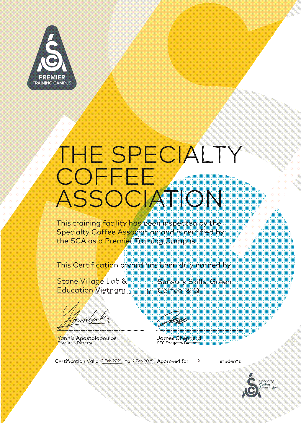 Chứng nhận SCA Premier Training Campus của Stone Village Lab & Education Vietnam về Sensory Skills, Green Coffee và Q, hiệu lực từ 2/2/2021