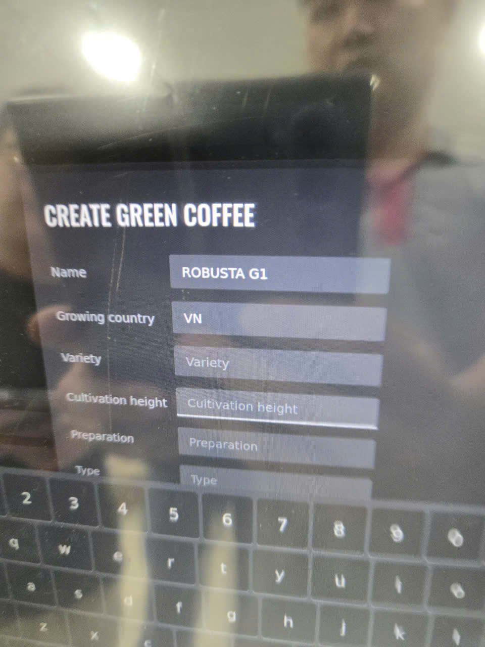 Màn hình Create Green Coffee trên máy rang Probat: tạo hồ sơ nhân xanh Robusta G1 Việt Nam