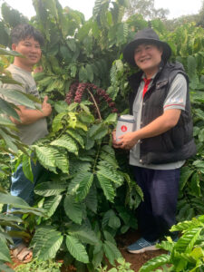 Chuyên gia Stone Village Lab cầm máy đo độ ẩm cùng chủ farm bên cây robusta trĩu quả tại Chư Pơng