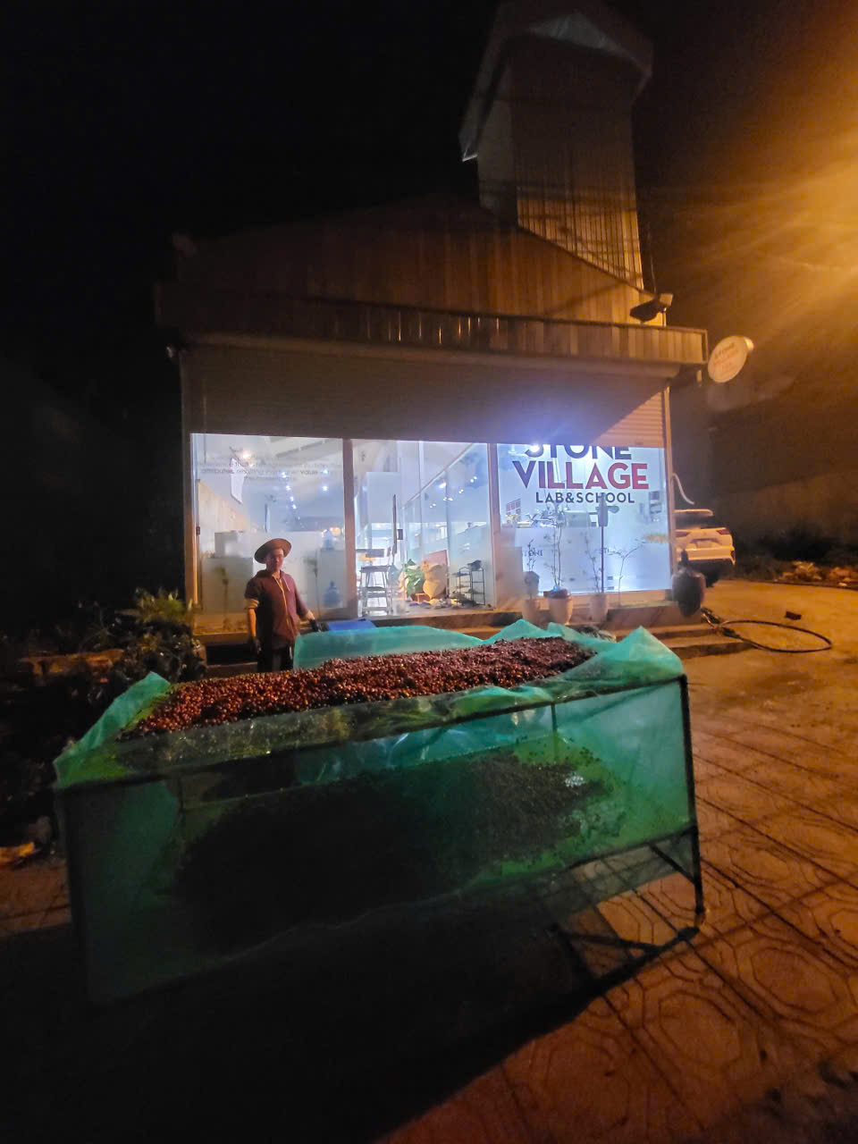 Thùng lưới xanh che kín mẻ quả natural phơi qua đêm trước Stone Village Lab