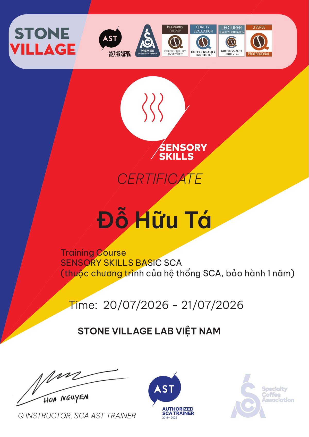 Chung nhan Sensory Skills Basic do Stone Village Coffee Lab cap, khoa TP.HCM thang 7/2026