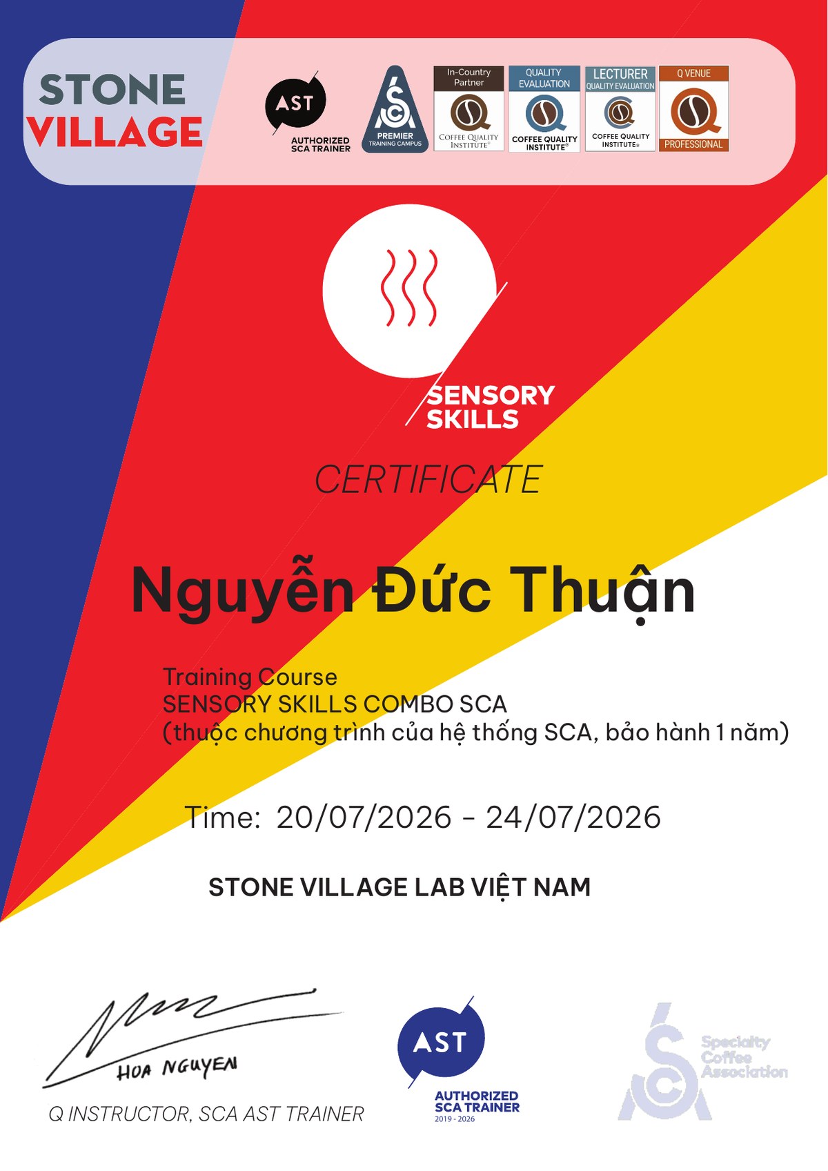 Chung nhan Sensory Skills Combo Stone Village Coffee Lab, hoc vien khoa Sensory TP.HCM 07/2026