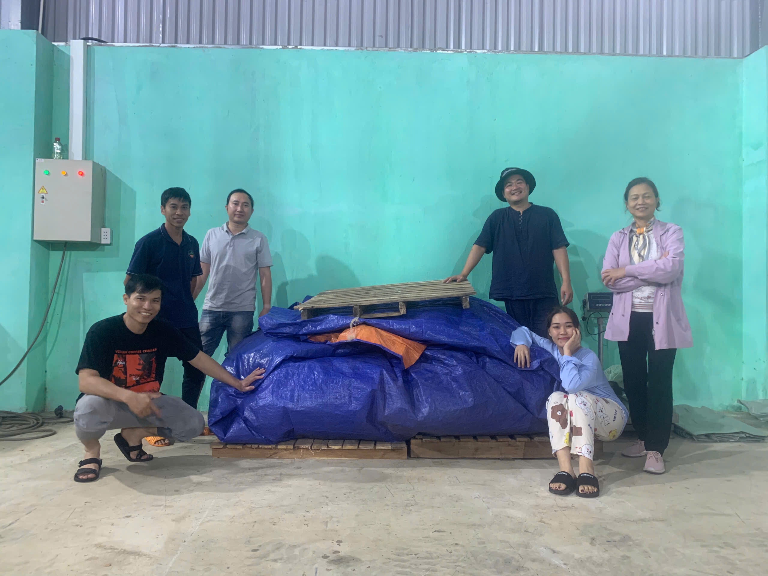 Khoi u ca phe phu bat ke tren pallet go, ben canh la can dien tu
