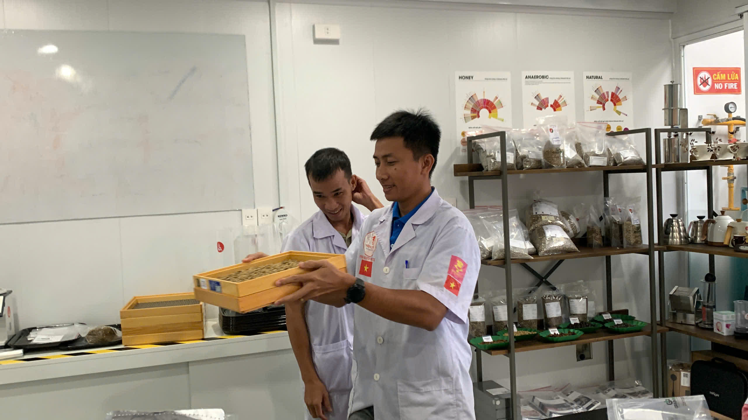 Học viên xem khay sàng cỡ hạt trong lớp SCA Green Bean tại Măng Đen
