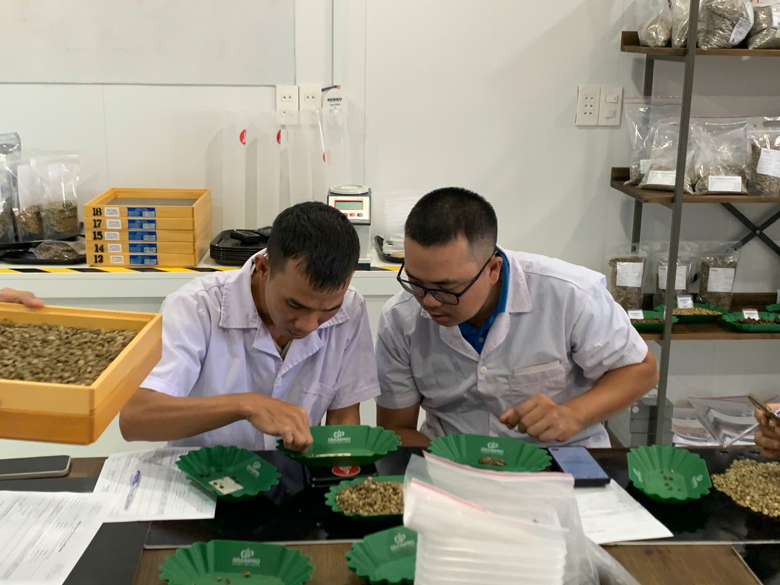 Hai học viên làm việc bên bộ sàng cỡ hạt trong lớp SCA Green Bean