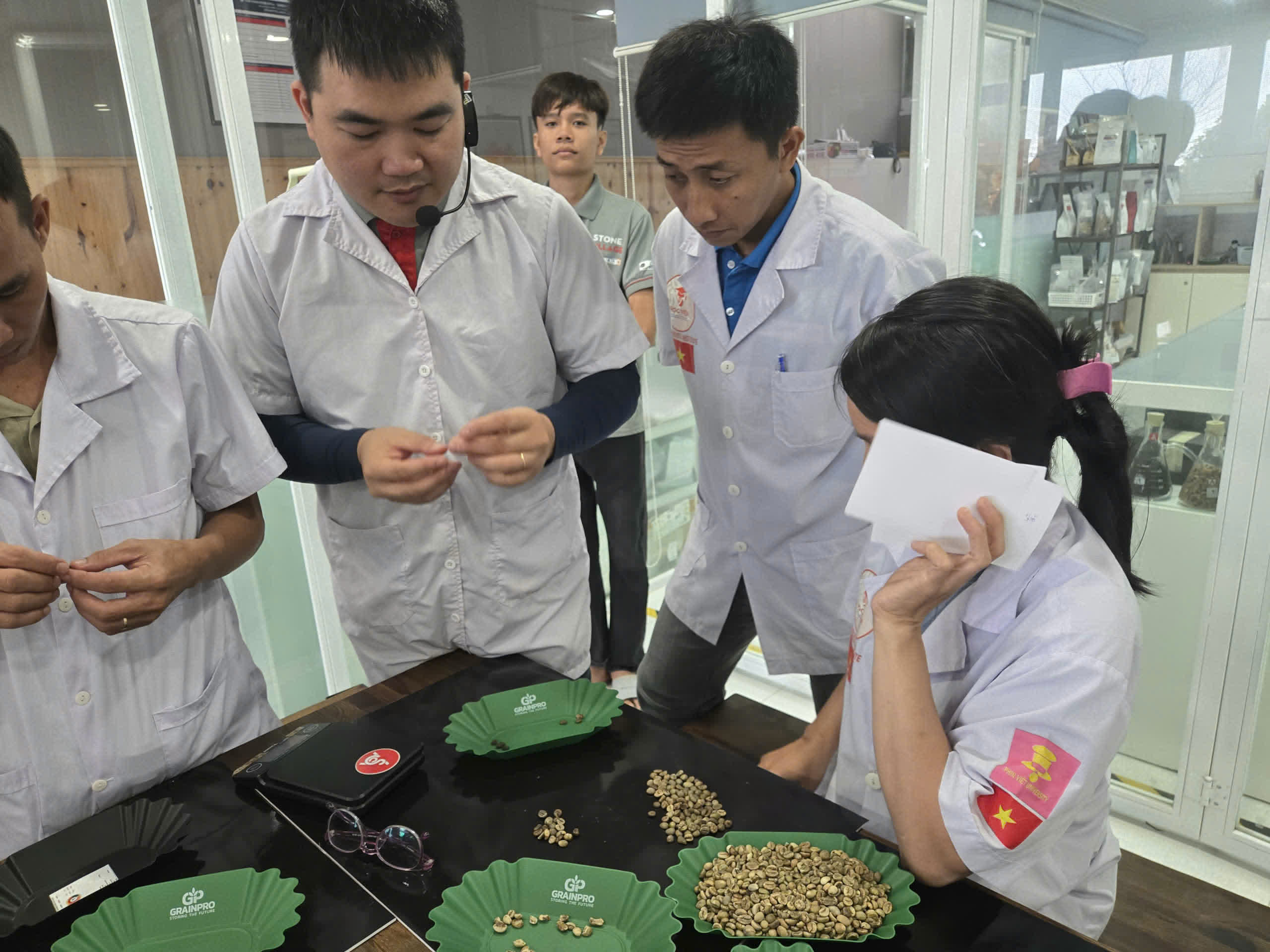 Học viên nhặt lỗi nhân xanh trên khay tại lớp SCA Green Bean