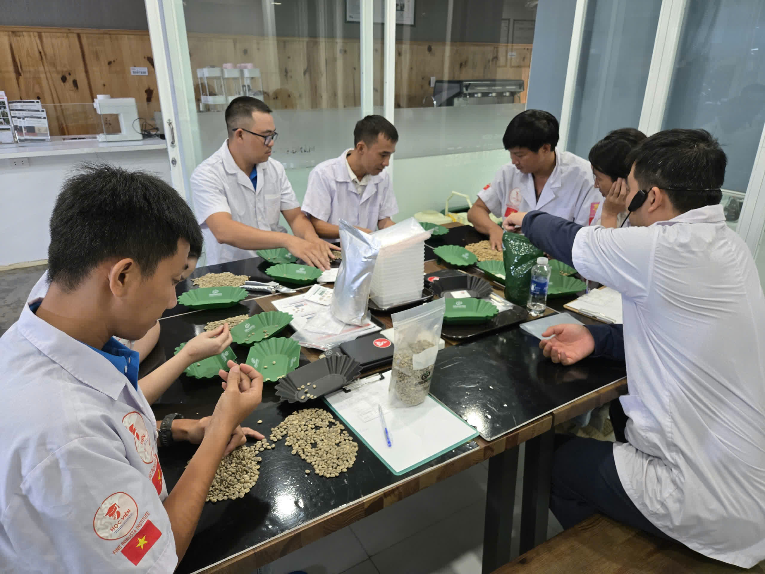 Bàn thực hành lớp SCA Green Bean với cân điện tử, túi mẫu và khay phân loại