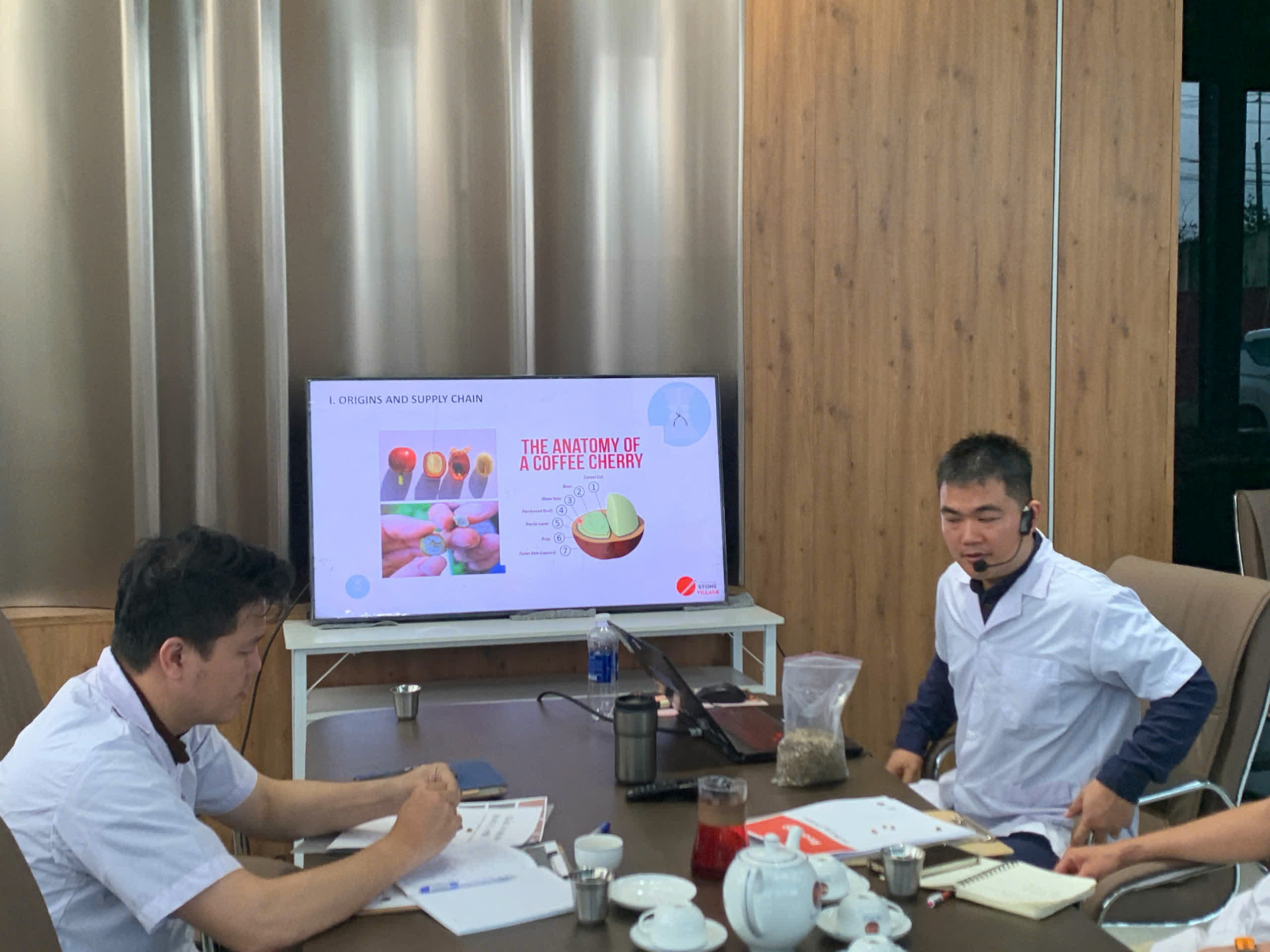 Bàn mẫu nhân xanh chia túi chuẩn bị cho lớp SCA Roasting
