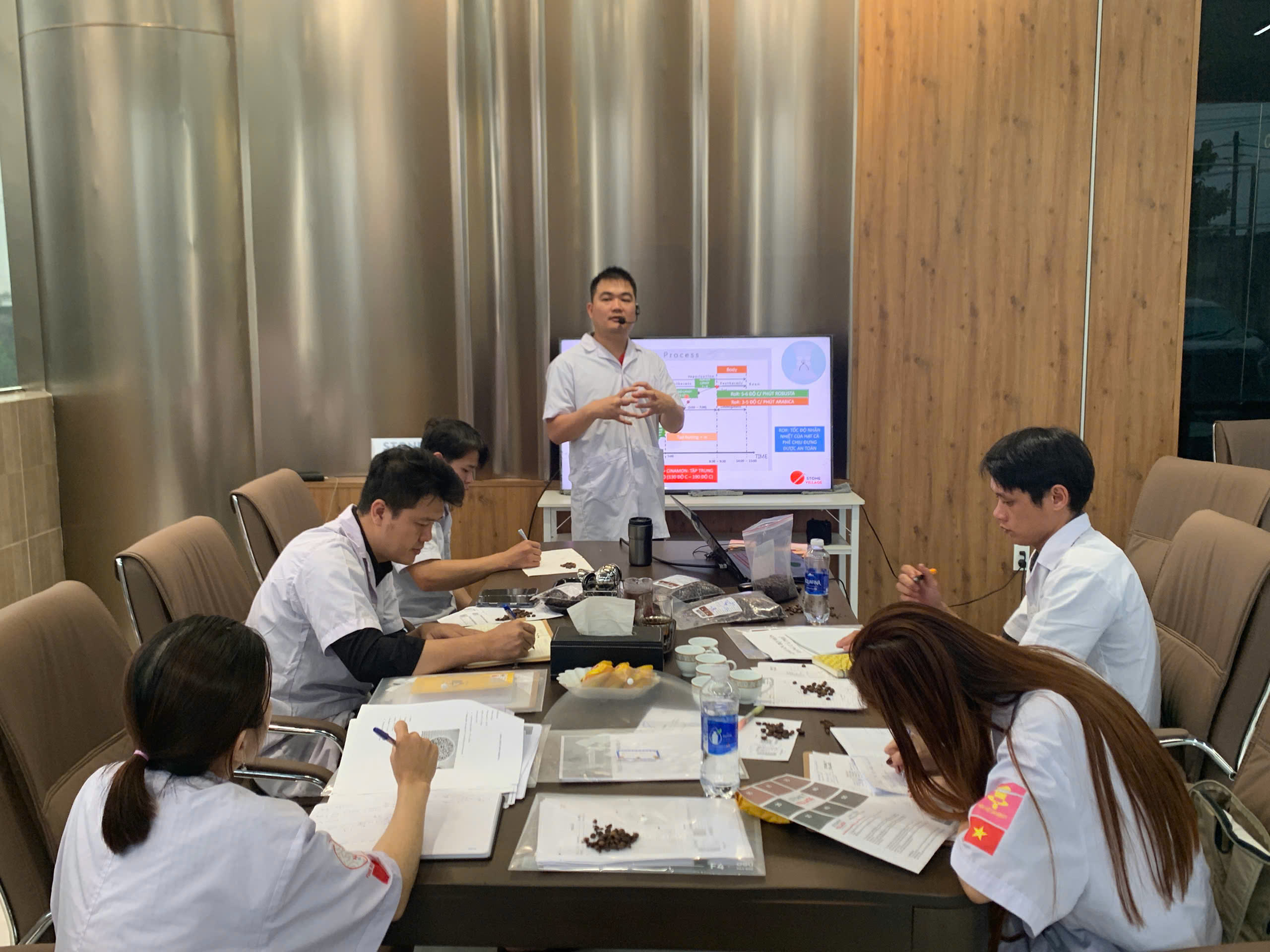 Buổi lý thuyết lớp SCA Roasting tại Gia Lai, giảng viên trình bày trên màn hình