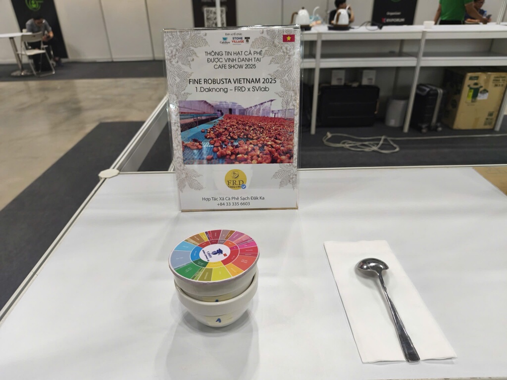 Ly cupping với nắp in flavor wheel và bảng thông tin mẫu Fine Robusta Vietnam 2025 của hợp tác xã ở Đắk Nông