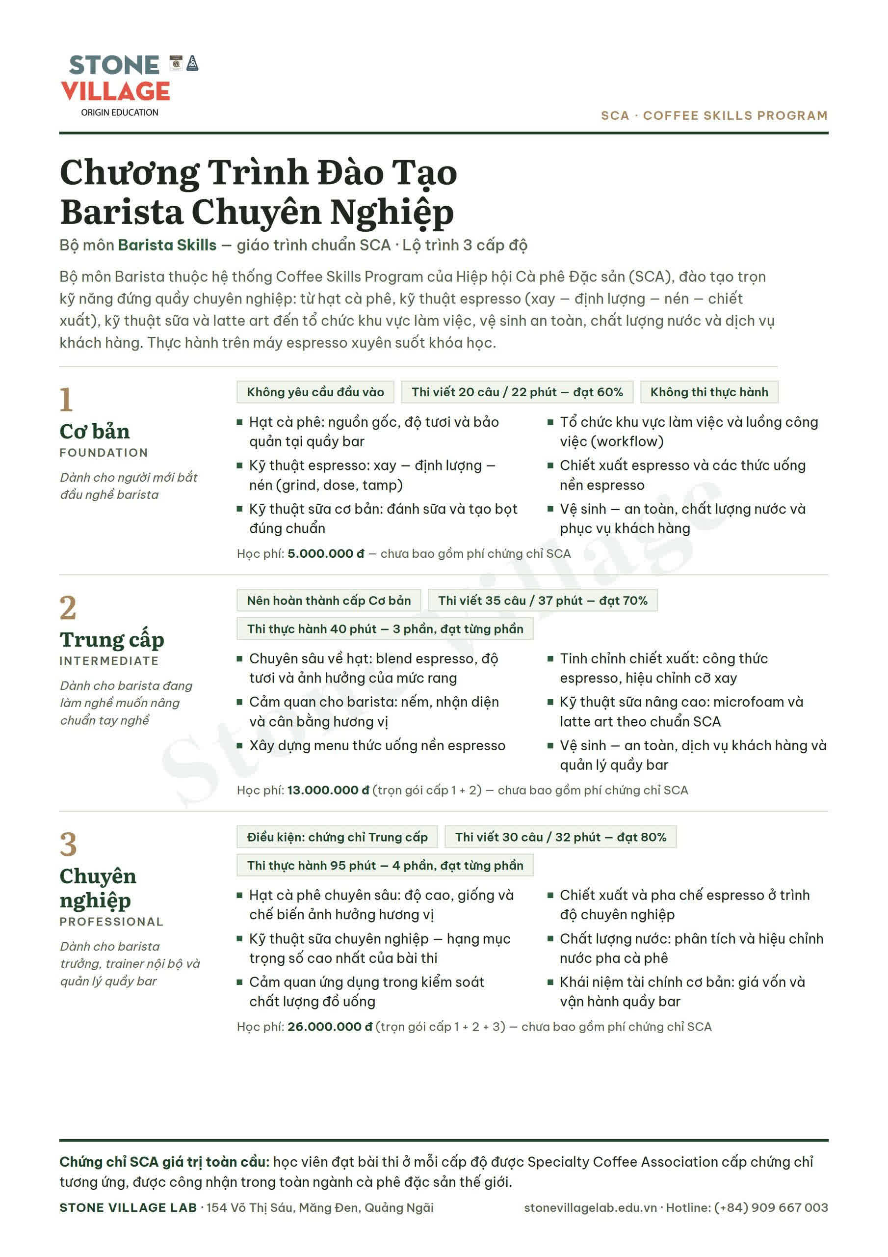 Chương trình đào tạo barista chuyên nghiệp SCA Barista Skills ba cấp độ, bản tiếng Việt