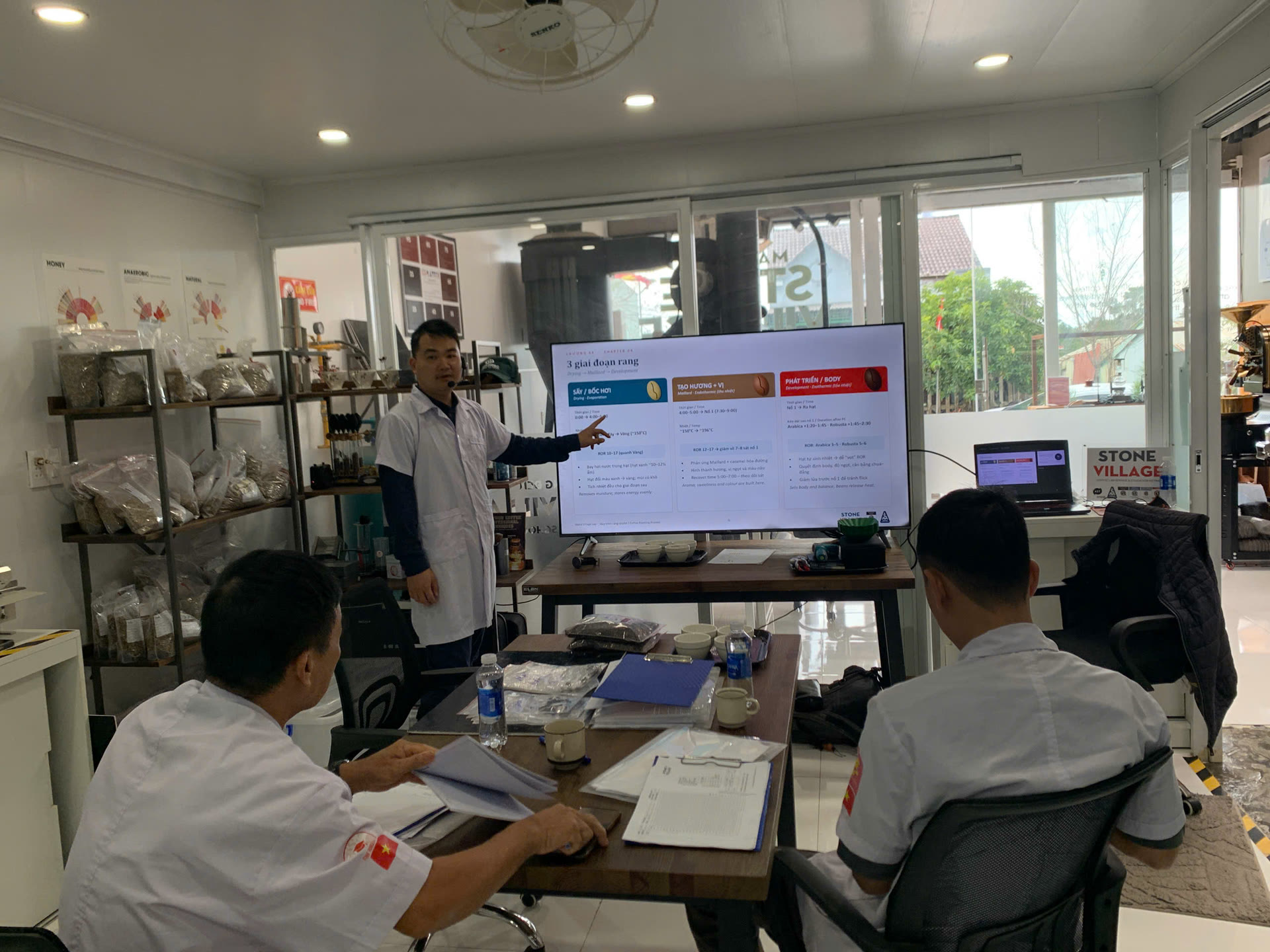 Giảng viên đứng giảng bên màn hình trình chiếu trong khóa Rang tại Lab Măng Đen
