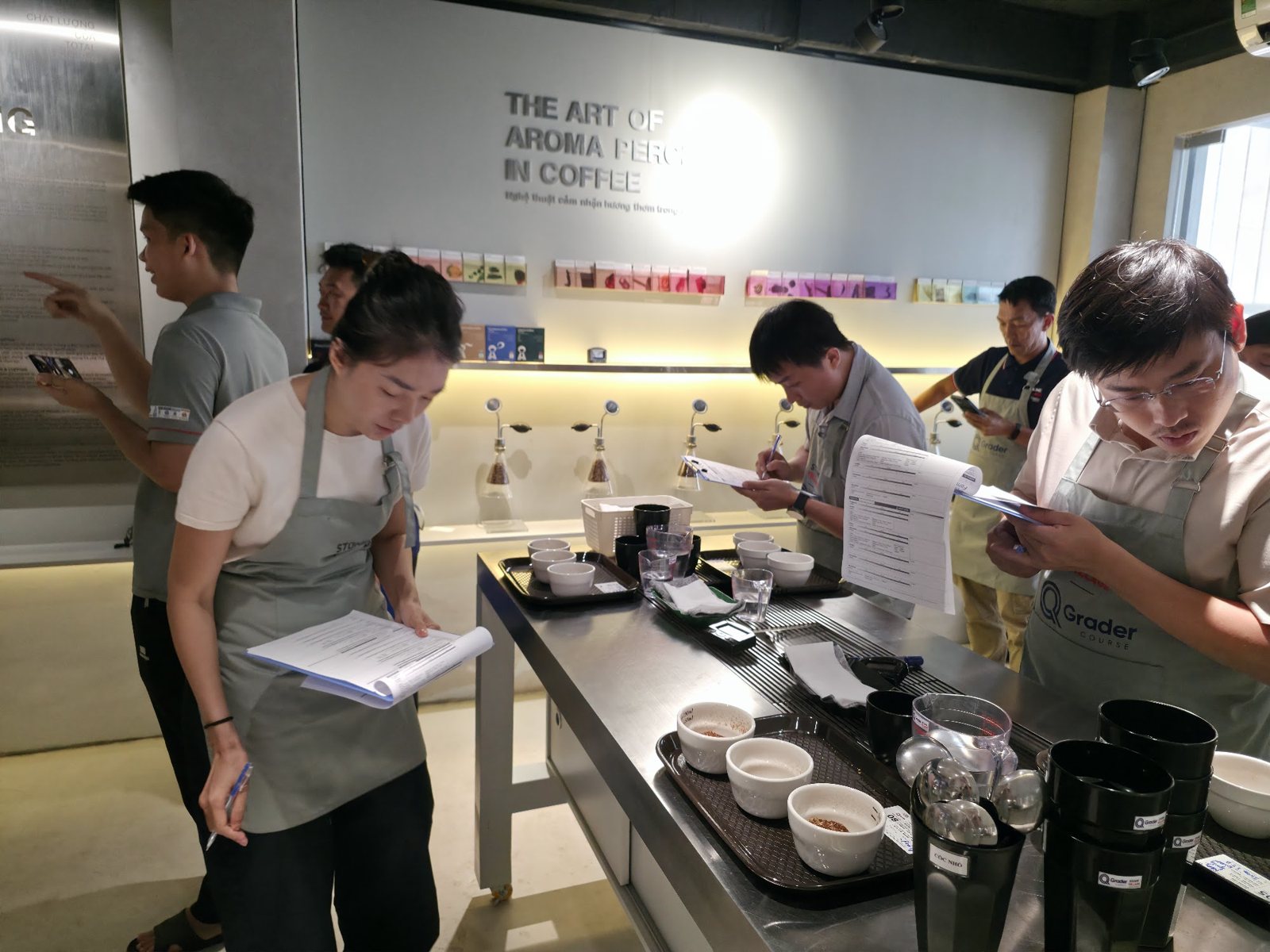 Học viên cupping quanh bàn mẫu trong phòng Sensory Room