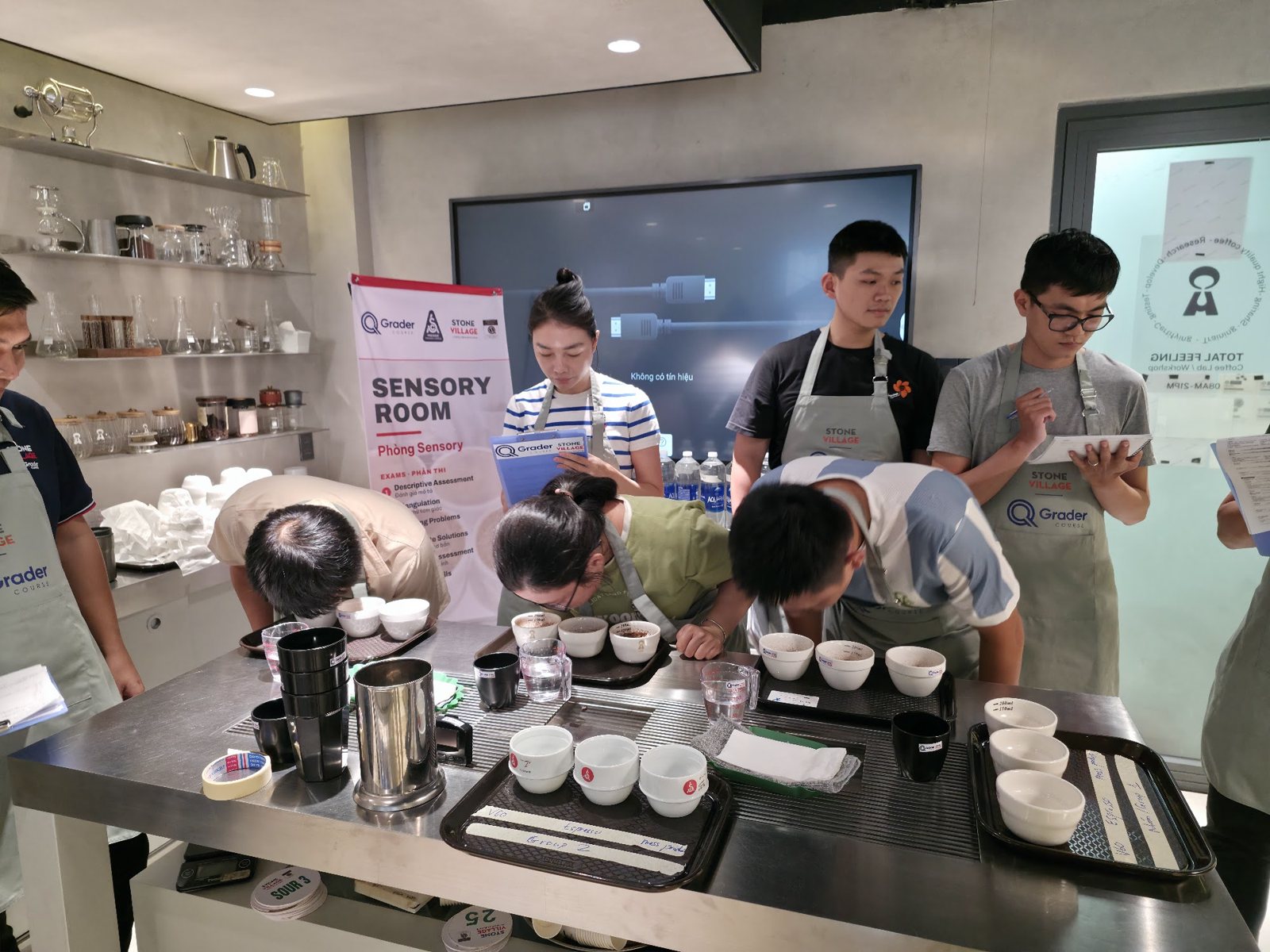 Học viên cupping theo nhóm quanh bàn mẫu