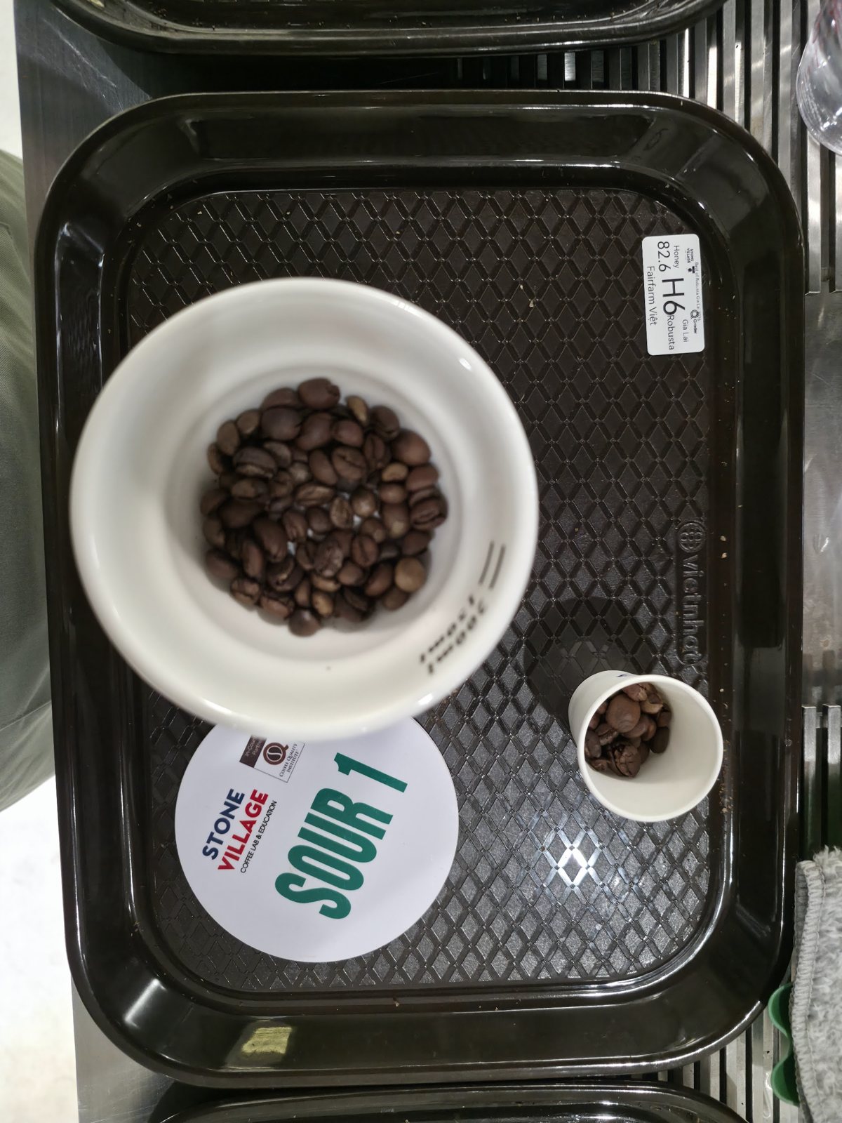 Chén hạt Robusta rang kèm thẻ mã mẫu