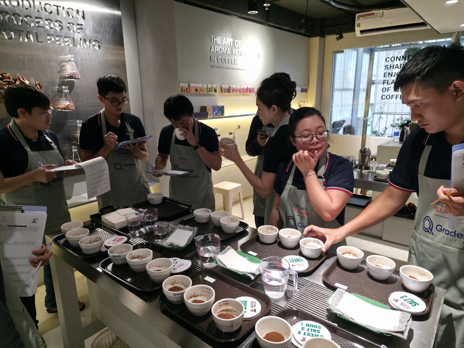 Nhóm học viên cupping Robusta trong phòng Sensory Room
